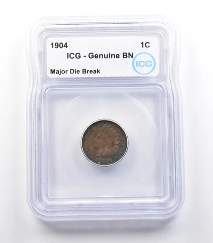 1904 Indian Head Cent Mint Error Major Die Break Genuine BN ICG *2291