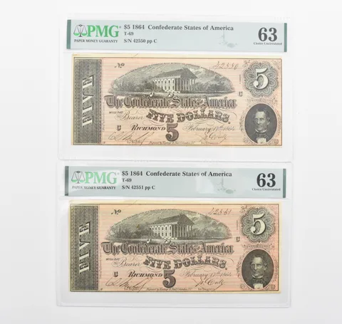 Lot (2) PMG 63 1864 $5 Confederate States Of America Consecutive Notes T69 *1144