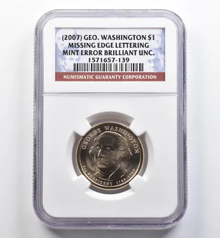 (2007) Presidential $1 Washington Mint Error Missing Edge Lettering BU NGC *9072