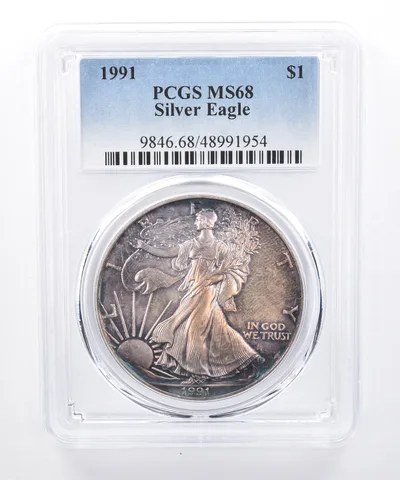 1991 American Silver Eagle MS68 PCGS Dark Rainbow Tone *8440