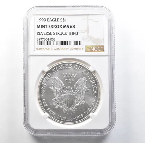 1999 American Silver Eagle Mint Error Reverse Struck Thru MS68 NGC *3118
