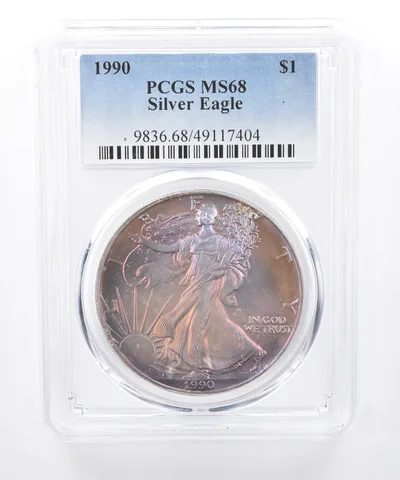 1990 American Silver Eagle MS68 PCGS Purple/Orange Tone *8394