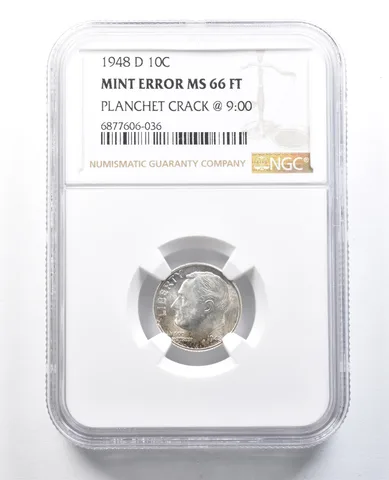 1948-D Roosevelt Dime Mint Error Planchet Crack @ 9:00 MS66 FT NGC *8249