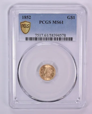 1852 $1 Liberty Head Gold Dollar MS61 PCGS Blue Label