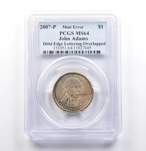 2007-P Presidential $1 Adams Mint Error Doubled Edge Overlapped MS64 PCGS *6863