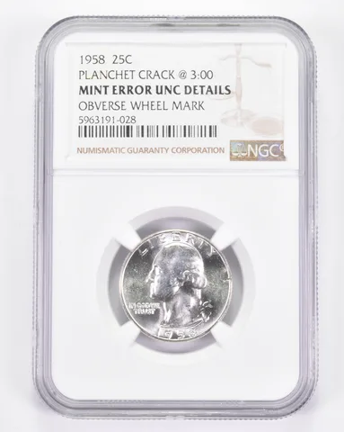 Mint Error UNC Details 1958 Washington Quarter - Planchet Crack @ 3:00 NGC *8850