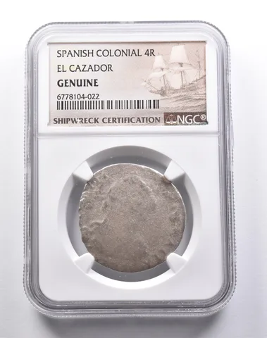 Genuine El Cazador Spanish Colonial 4 Reales NGC Shipwreck Certification *3699