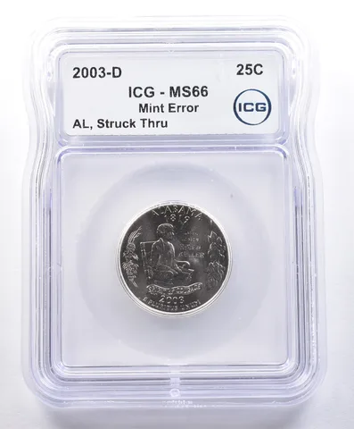 2003-D Washington State Quarter Alabama Mint Error Struck Thru MS66 ICG *4055