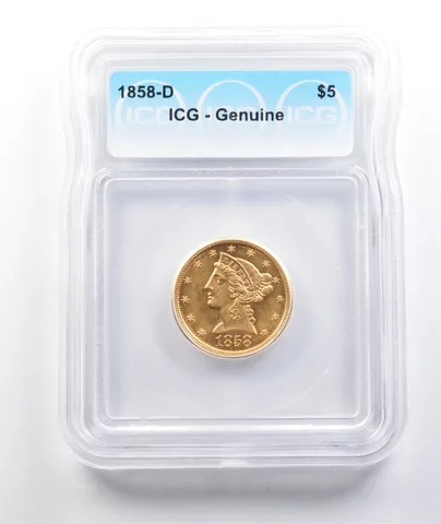1858-D $5 Liberty Head Gold Half Eagle Genuine ICG *5596