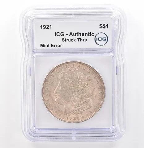 1921 Morgan Silver Dollar Mint Error Struck Thru Authentic ICG Nice Tone *7600