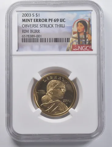 MINT ERROR PF69 UC 2003-S Sacagawea Dollar OBV Struck Thru RIM BURR NGC *7179