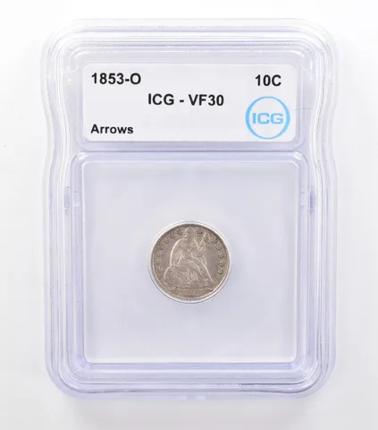1853-O Seated Liberty Dime Arrows VF30 ICG PQ *6984