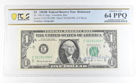1963 B 64 $1 Richmond VA FRN Courtesy Autograph FR#1902-E PPQ PCGS Barr *0632