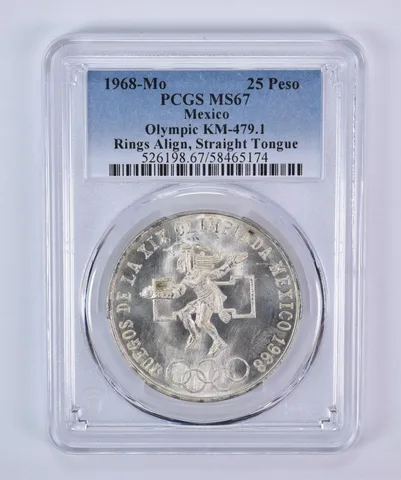 1968 Mo Mexico 25 Pesos Silver Olympic Align Straight Tongue KM-479.1 MS67 PCGS