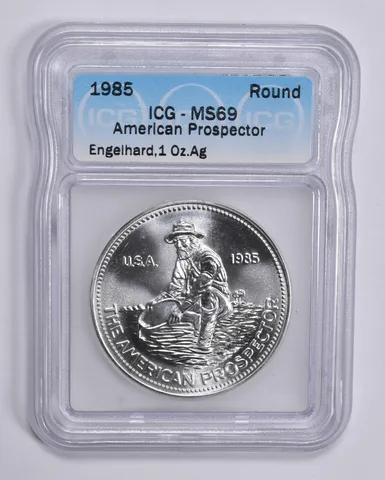 1985 Engelhard American Prospector 1 Troy Oz Silver Round MS69 ICG