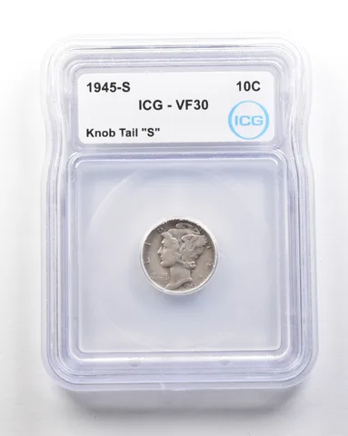1945-S Mercury Dime Mint Error Knob Tail "S" VF30 ICG *1718