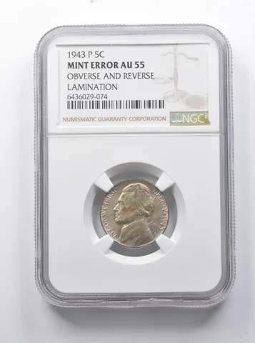 MINT ERROR AU55 1943-P Jefferson Nickel OBV & REV Lamination NGC *7923