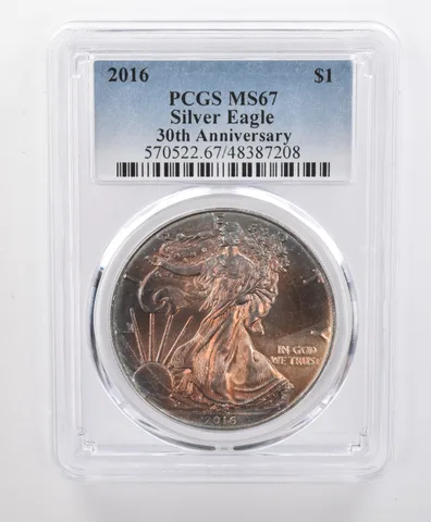 MS67 2016 American Silver Eagle PCGS Beautifully Toned Yellow/Red Hues a0162