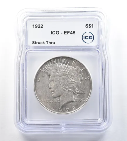 1922 Peace Silver Dollar Struck Thru EF45 ICG *0549