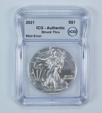 2021 American Silver Eagle Mint Error Struck Thru Authentic ICG