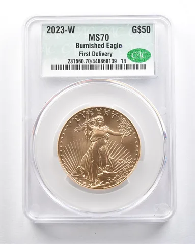 2023-W $50 Burnished Gold Eagle First Delivery 1 Oz Gold MS70 CAC CACg *2120
