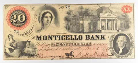 1860 $20 Bank Note Virginia Monticello Bank Large Note *5575