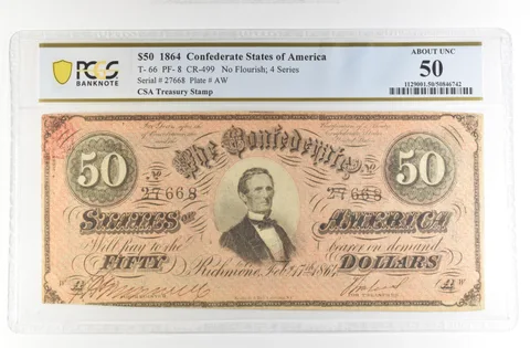 1864 $50 Confederate States America Large Note T-66 PF-8 CR-499 AU 50 PCGS *4216