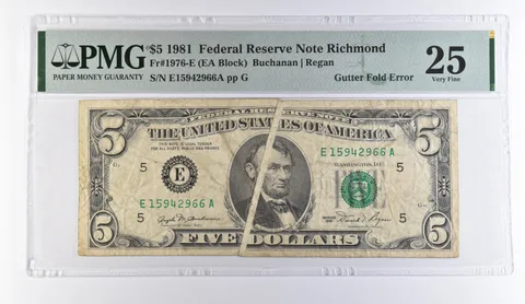 1981 $5 Richmond VA FRN Gutter Fold Error Fr#1976-E VF 25 PMG *9447