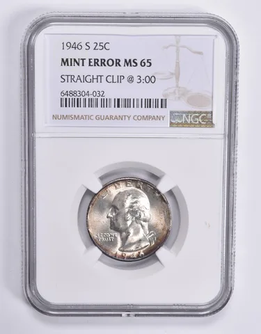 MINT ERROR MS65 1946-S Washington Quarter Straight Clip @ 3:00 NGC *1846