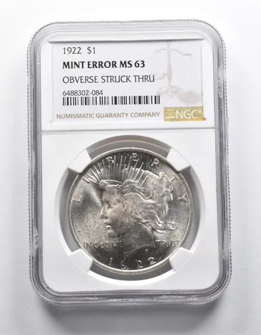 MINT ERROR MS62 1922 Peace Silver Dollar OBV Struck Thru NGC a1916