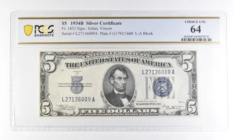 1934 B $5 Silver Certificate Fr#1652 Choice Unc 64 PCGS a2771