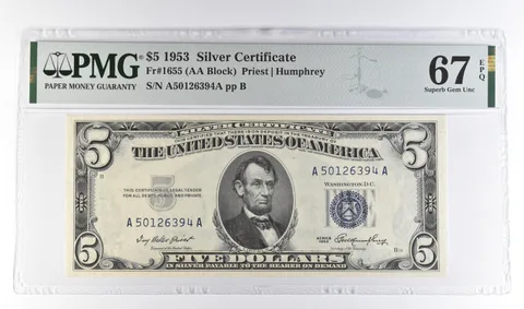1953 $5 Silver Certificate Fr#1655 Superb Gem Unc 67 EPQ PMG *4657