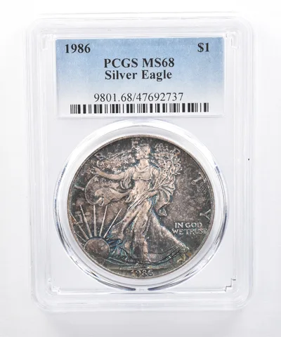 1986 American Silver Eagle MS68 PCGS Mottled Blue Tone *8507