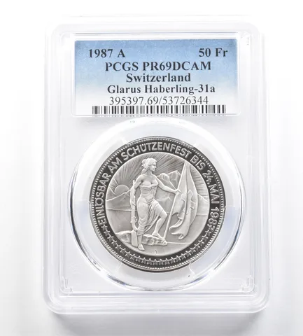 1987 A Switzerland 50 Francs Glarus Haberling PR69 PCGS Shooting Medal *7683