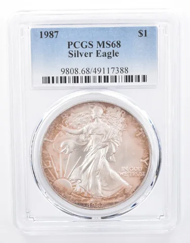 1987 American Silver Eagle MS68 PCGS Iridescent Tone *8414
