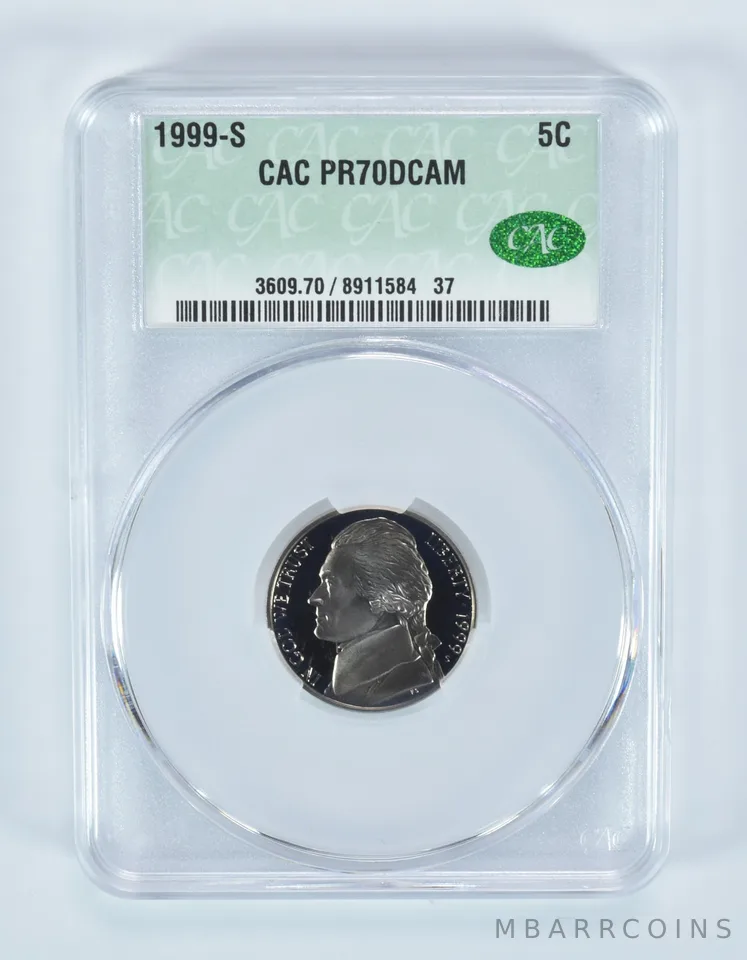 1999-S Jefferson Nickel PR70 DCAM CAC CACg