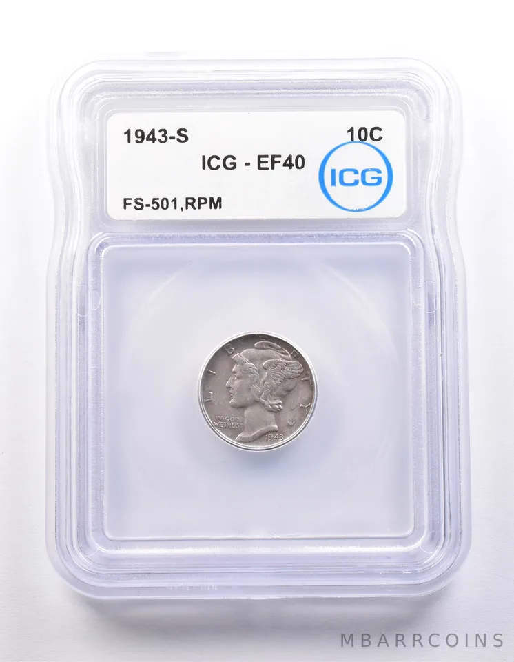 1943-S Mercury Dime FS-501 RPM EF40 ICG *9828