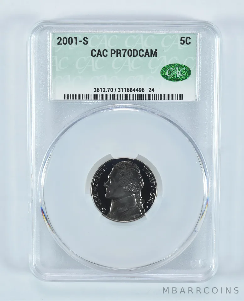 2001-S Jefferson Nickel PR70 DCAM CAC CACg