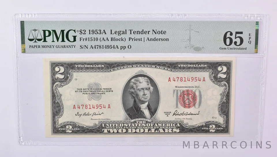 1953 A $2 US Legal Tender Fr#1510 Gem Unc 65 EPQ PMG