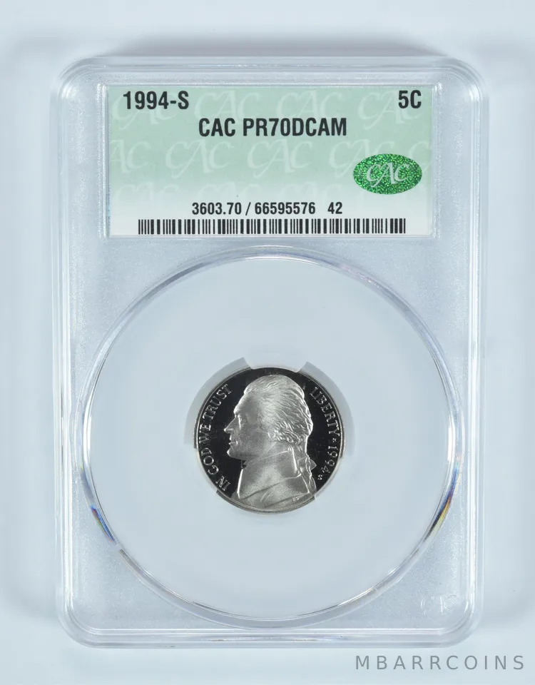 1994-S Jefferson Nickel PR70 DCAM CAC CACg