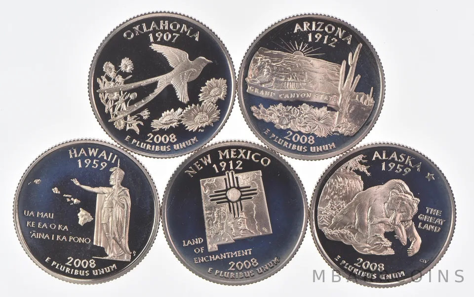 2008-S Washington State Quarters (clad) From Proof Set (5 coins)