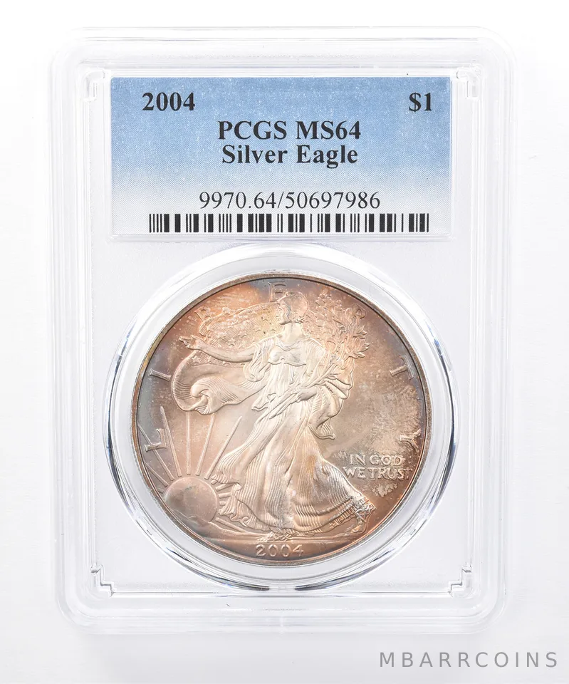 2004 American Silver Eagle MS64 PCGS Rainbow Tone *8409