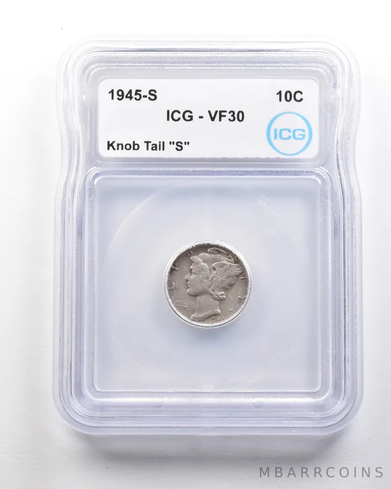 1945-S Mercury Dime Mint Error Knob Tail "S" VF30 ICG *1712