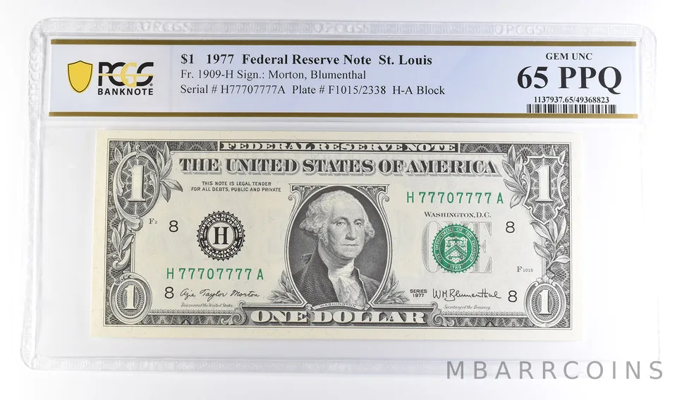 1977 $1 St Louis MO FRN Fr#1909-H Gem Unc 65 PPQ PCGS Near Solid 7 Serial a6131