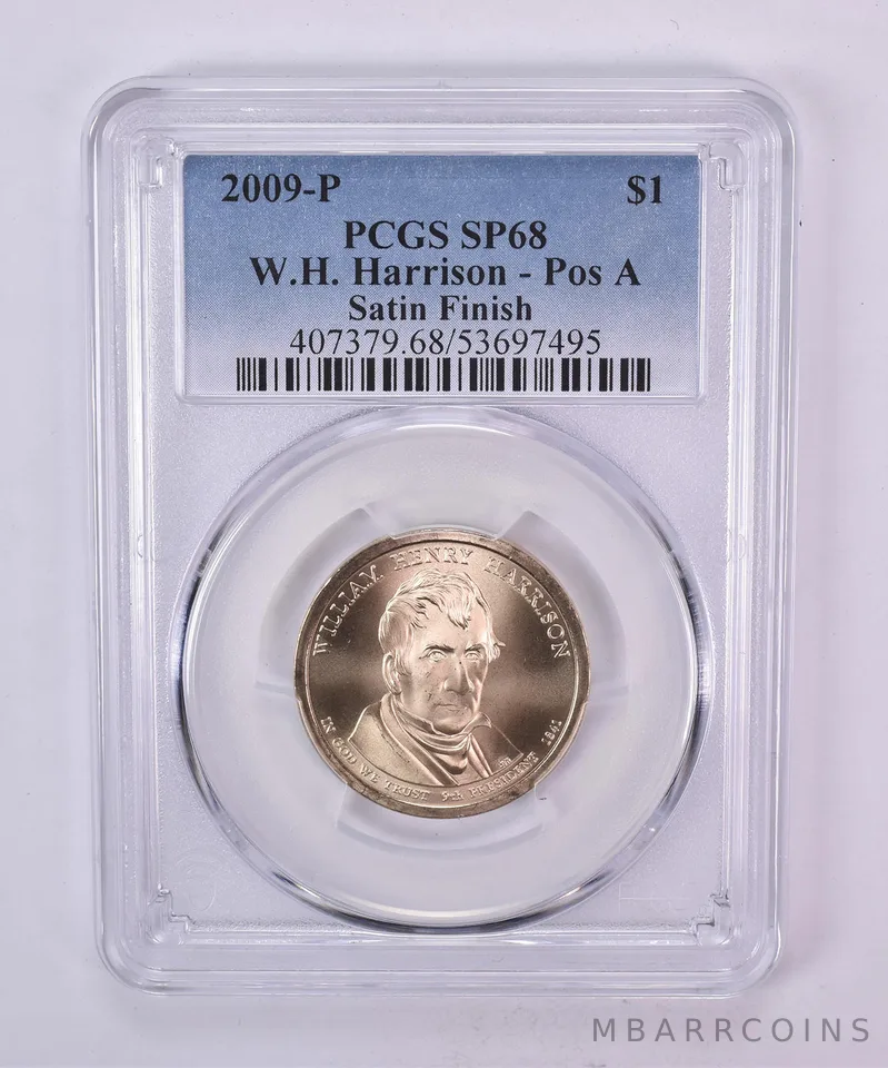 2009-P Presidential $1 W H Harrison Satin Finish SP68 PCGS Blue Label