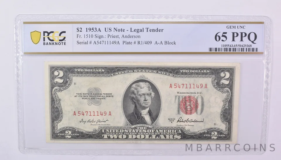 1953 A $2 US Legal Tender Fr#1510 Gem Unc 65 PPQ PCGS
