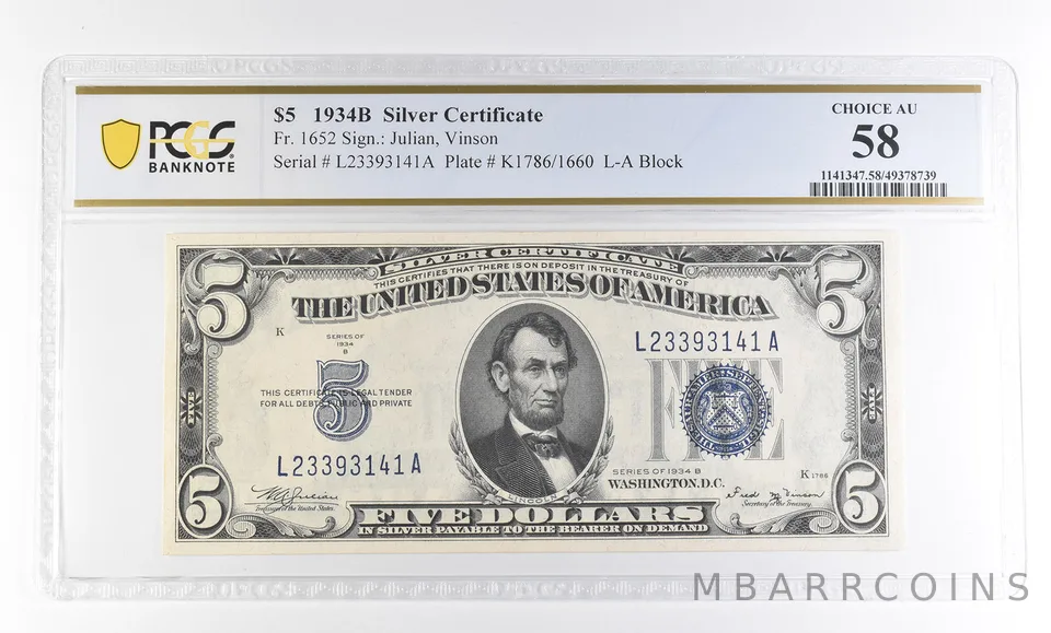 1934 B $5 Silver Certificate Fr#1652 Choice AU 58 PCGS a2769