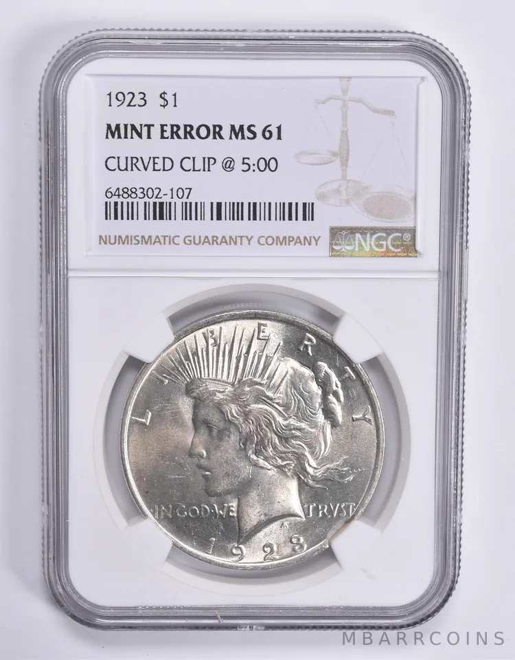 MINT ERROR MS61 1923 Peace Silver Dollar Curved Clip @5:00 NGC *1813