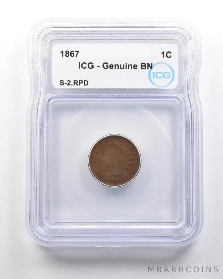 1867 Indian Head Cent Mint Error S-2 RPD Genuine BN ICG 1867/67 *1695