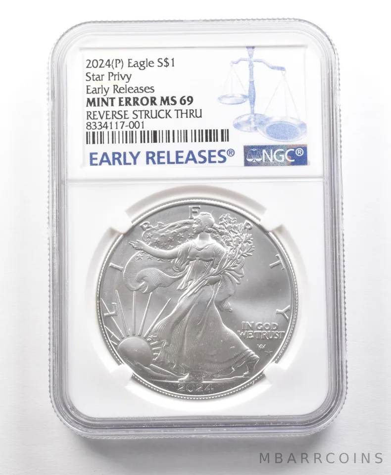 2024 (P) American Silver Eagle Star Privy Error Rev Struck Thru MS69 NGC a5669